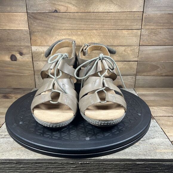 Clarks Cushion Helio Mindin Women's Size 9 M Lace Cork Taupe Wedge Sandal Heels - Picture 2 of 10